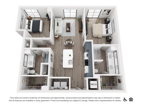 Floor plan for 2 beds, 2 baths, 1132 sqft